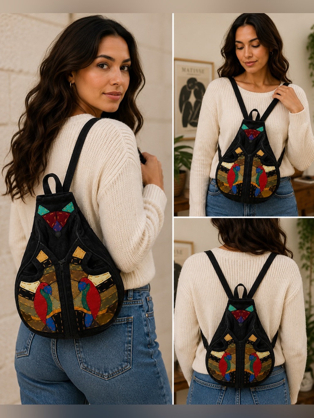 Black Suede Bird Carrier Backpack with Red & Blue Parrot Design